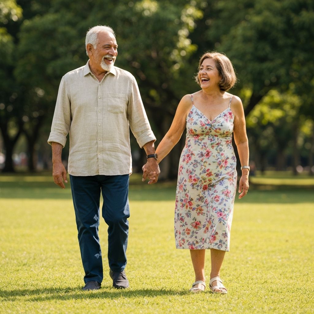 Casal aos 80 anos caminhando com disposição no parque