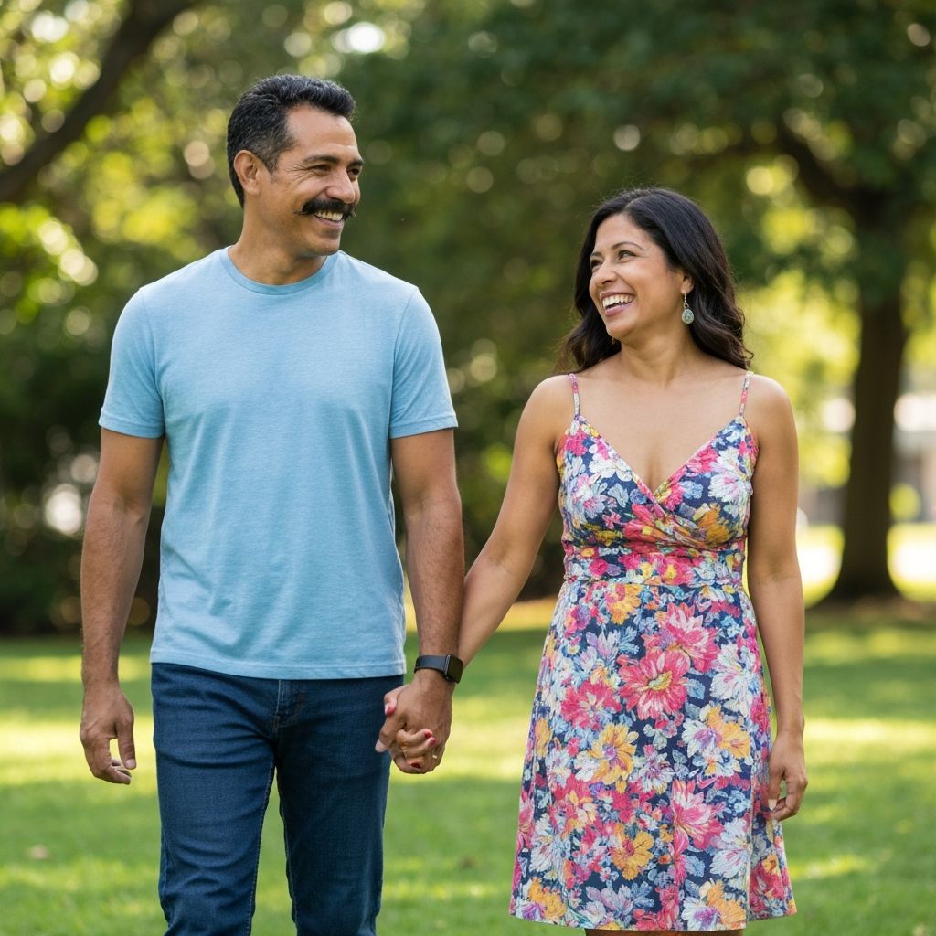 Casal aos 40 anos caminhando no parque